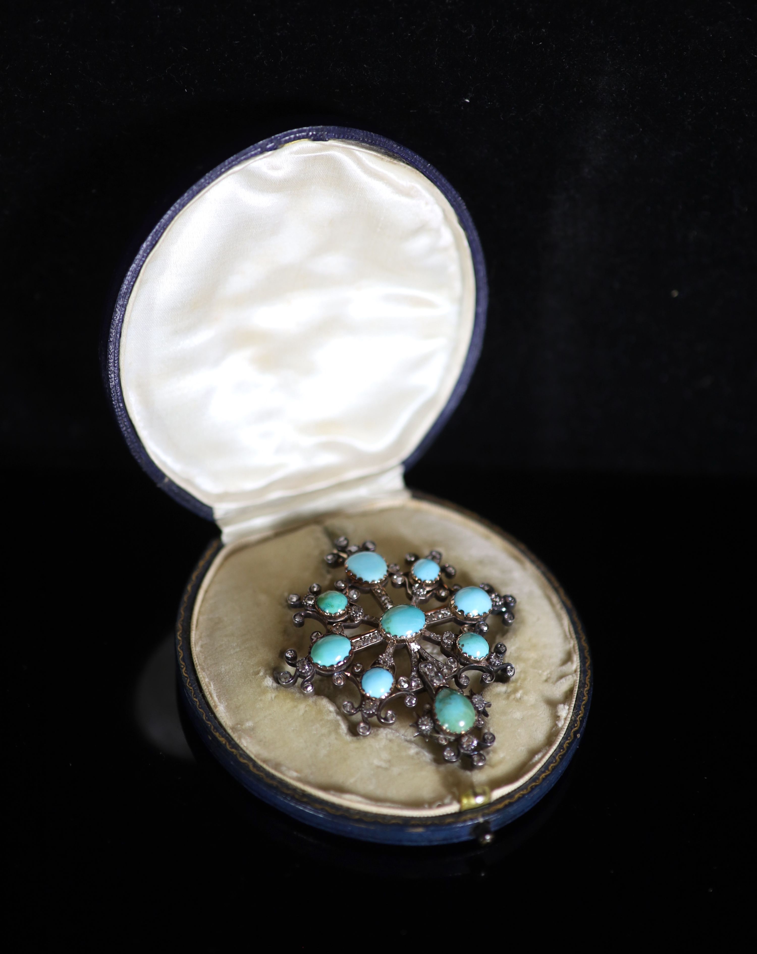 A Victorian gold, and silver, turquoise, old and rose cut diamond set pendant brooch,